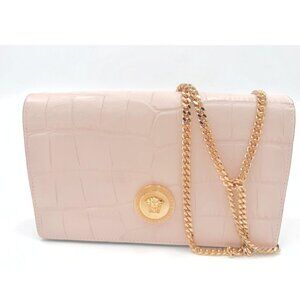Versace Pink Croc Embossed Leather Wallet on Chain Crossbody – New With Tags
